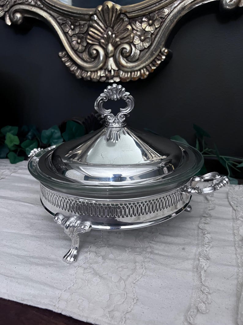 Vintage Silver-Plated Serving Dish w/Glass Insert, Lid and Ornate Feet