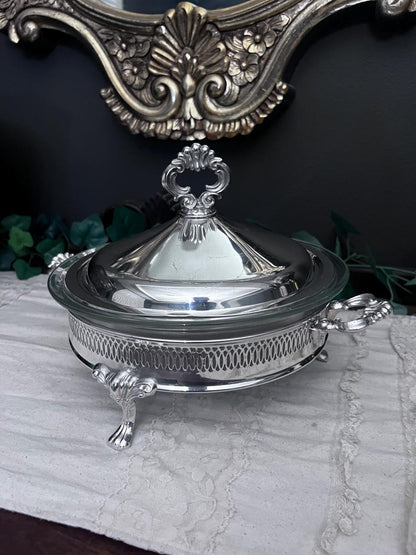 Vintage Silver-Plated Serving Dish w/Glass Insert, Lid and Ornate Feet