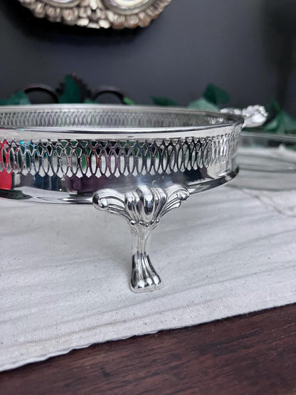 Vintage Silver-Plated Serving Dish w/Glass Insert, Lid and Ornate Feet