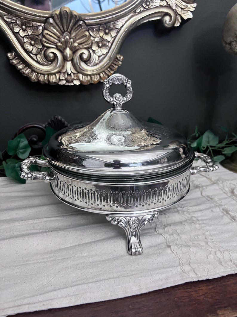 Vintage Silver-Plated Etched Serving Dish, Includes Glass Insert