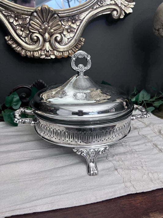 Vintage Silver-Plated Etched Serving Dish, Includes Glass Insert