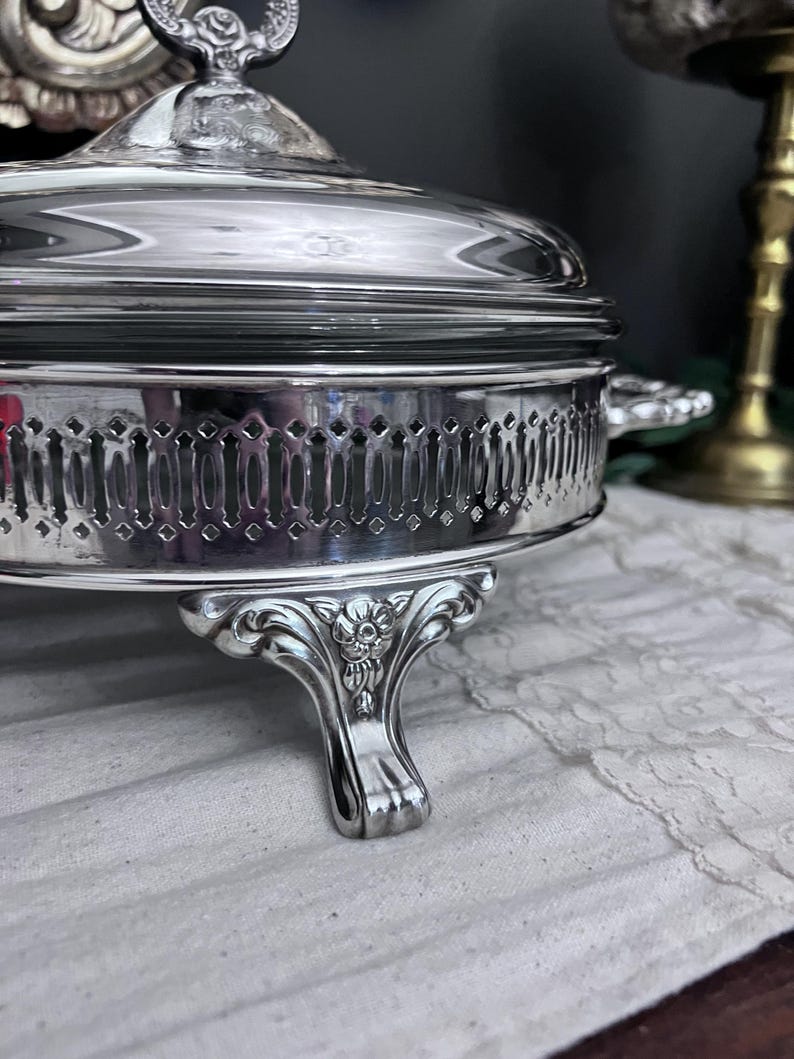 Vintage Silver-Plated Etched Serving Dish, Includes Glass Insert