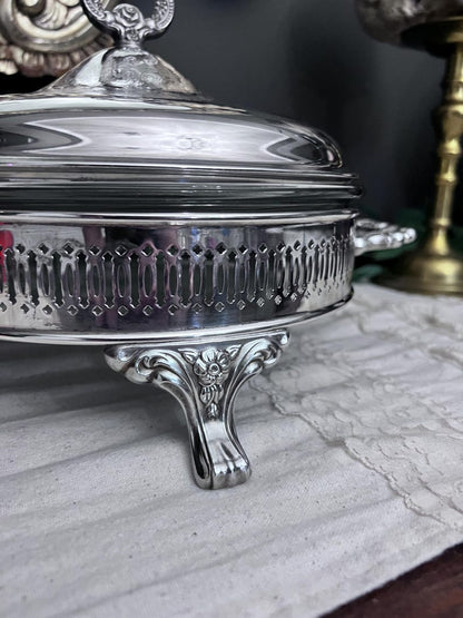 Vintage Silver-Plated Etched Serving Dish, Includes Glass Insert