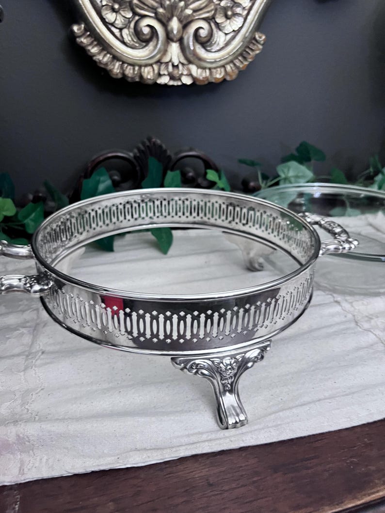 Vintage Silver-Plated Etched Serving Dish, Includes Glass Insert