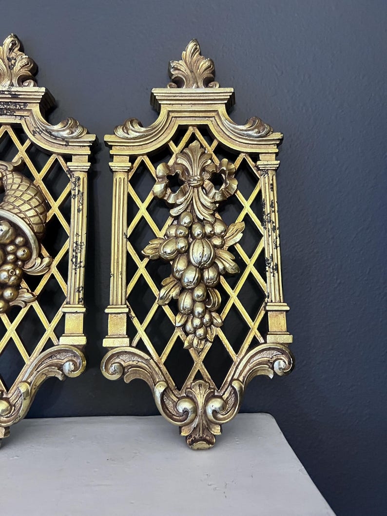 Vintage Dart Homco Gold Lattice Wall Plaques Syroco - Set of 2