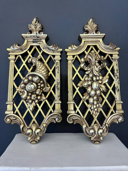 Vintage Dart Homco Gold Lattice Wall Plaques Syroco - Set of 2