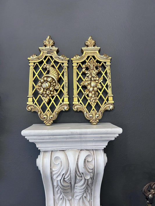 Vintage Dart Homco Gold Lattice Wall Plaques Syroco - Set of 2