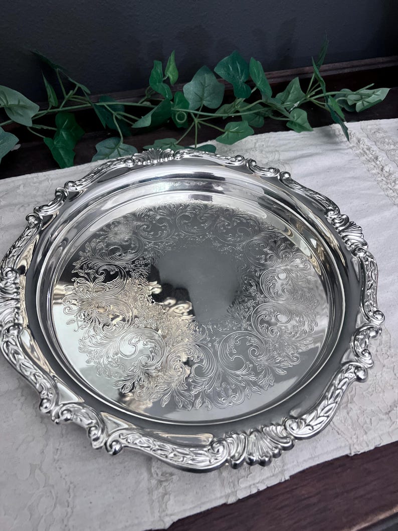Vintage Sheridan Silver Plated Round Serving Tray Ornate Glass Insert 12.5"