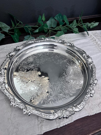 Vintage Sheridan Silver Plated Round Serving Tray Ornate Glass Insert 12.5"