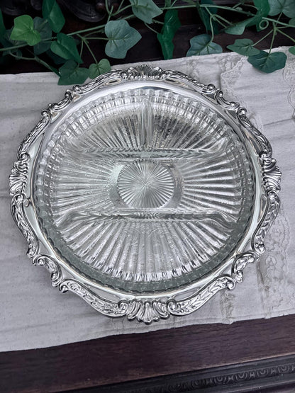 Vintage Sheridan Silver Plated Round Serving Tray Ornate Glass Insert 12.5"