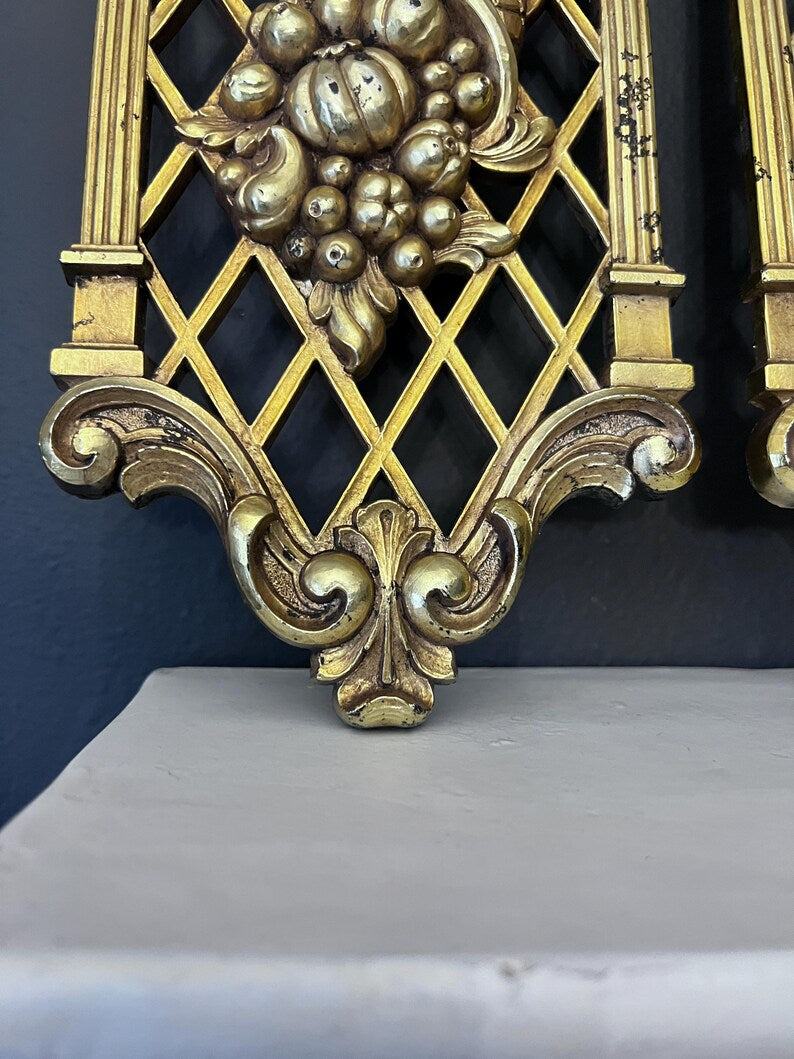 Vintage Dart Homco Gold Lattice Wall Plaques Syroco - Set of 2