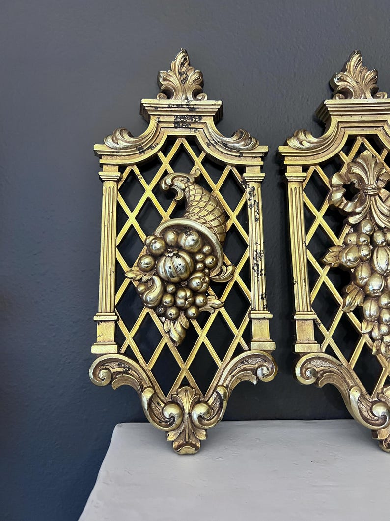 Vintage Dart Homco Gold Lattice Wall Plaques Syroco - Set of 2