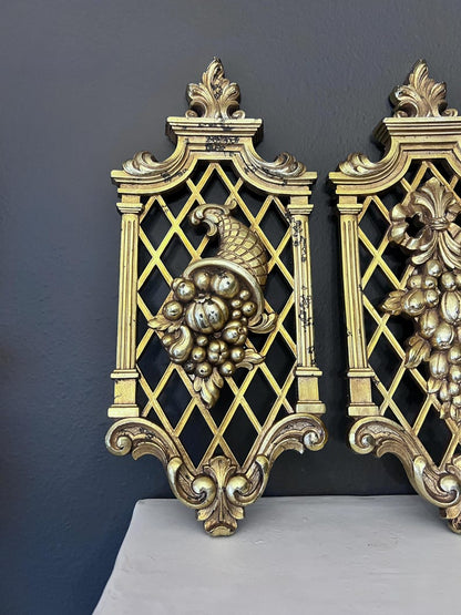 Vintage Dart Homco Gold Lattice Wall Plaques Syroco - Set of 2